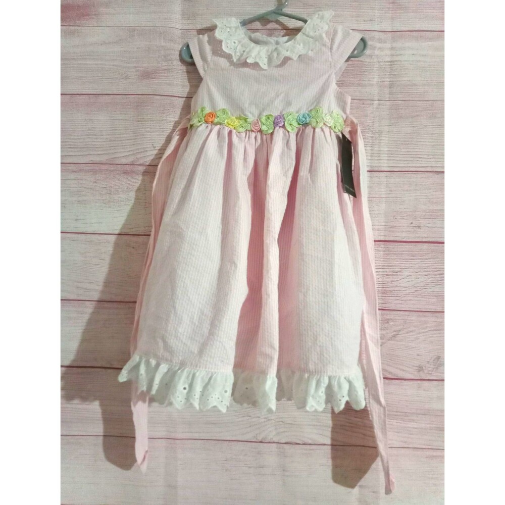 Laura Ashely Dress 2T Pink Seersucker Striped Cotton Eyelet Floral Trim Tie